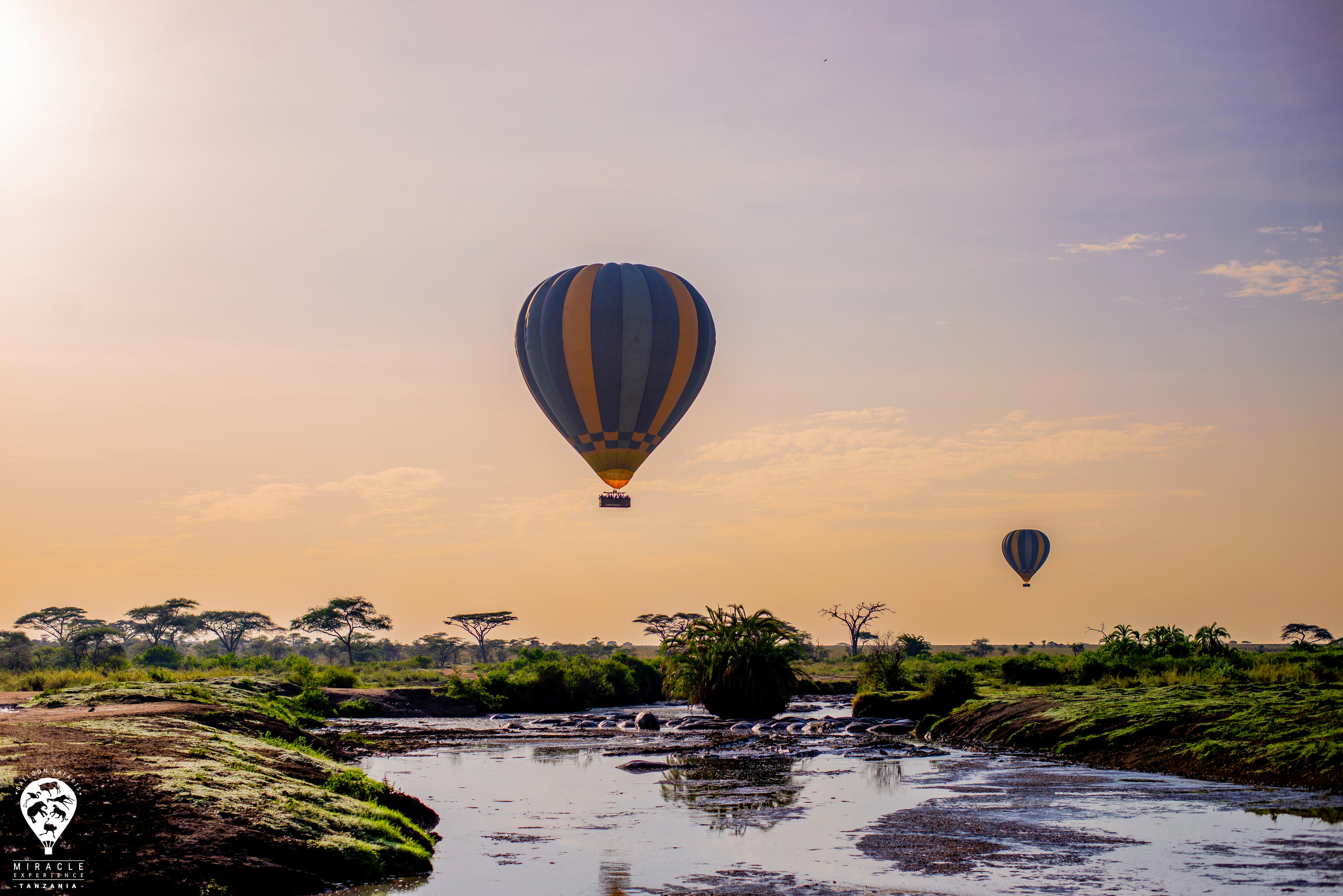 Hot air balloon floating over the Serengeti at sunrise — Tanzania balloon safari by The Roaming Masai Guide Safaris